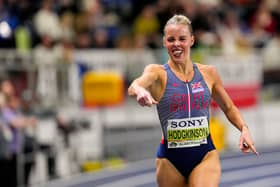 Keely Hodgkinson crosses the line to take 800m gold (Petr David Josek/AP).