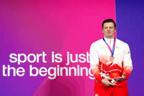 Adam Ramsay-Peaty of England celebrates bronze in the men’s 100m breaststroke final at the 2026 Commonwealth Games