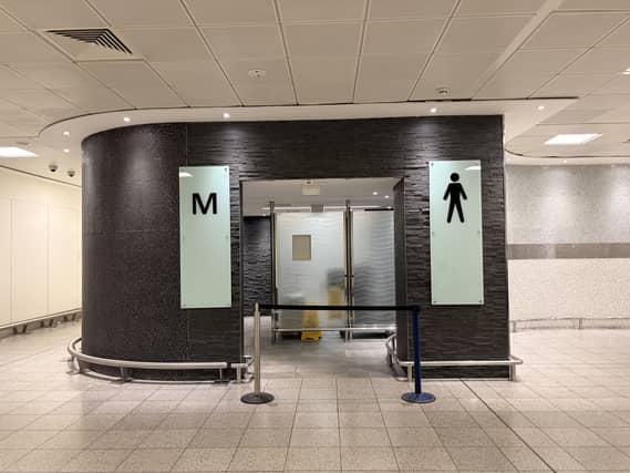 A rope blocks the entrance to the toilets at Gatwick airport