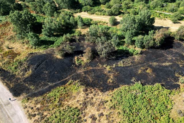 The scene of a grass fire on Cannock Chase, near to Chase Road, Brocton