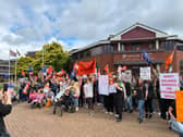 Striking teachers and staff from the Orchard School in Oldbury protesting outside Sandwell Council House on June 2