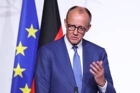 Friedrich Merz gestures while speaking