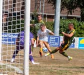 Alfie Gregson tries his luck from a tight angle against AFC Wolverhampton City.