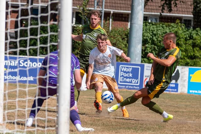 Alfie Gregson tries his luck from a tight angle against AFC Wolverhampton City.
