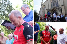 Carl Perry reading his baptismal vows while wearing Walsall FC's new shirt, featuring the design based on St Matthew's church ceiling