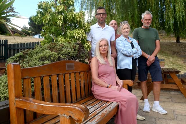 Ryan’s mom Gill Taylor (seated) on Ryan’s bench at the Raven Pub, Brierley Hill, with Jason Connon, left, husband Phil Taylor, former Stourbridge MP Suzanne Webb and Ryan’s dad Ade Passey