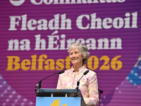 Irish President Catherine Connolly speaking at Fleadh Cheoil na hÉireann 2026, which has officially opened in Belfast