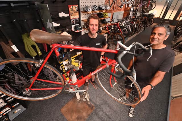 Jon Williams at Fred Williams Cycles in Wolverhampton with customer Tony Ghale, and Tony’s bike that he bought from Fred Williams when he was 15