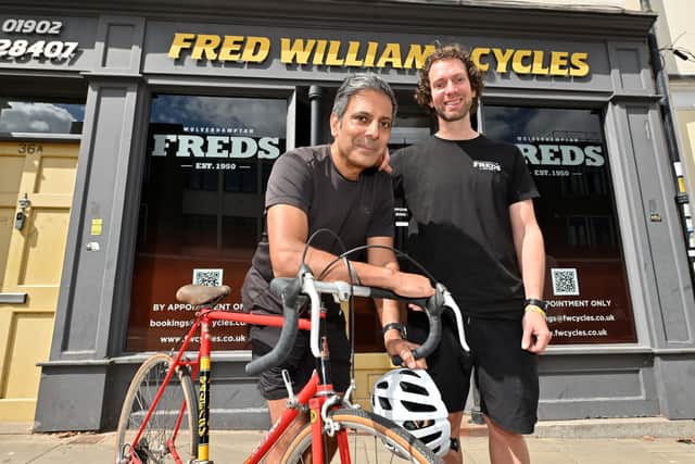 Fred Williams Cycles in Wolverhampton, now run by Jon Williams from the original family. Pictured with happy customer: Tony Ghale, and Tony’s bike that he bought from Fred Williams when he was 15.