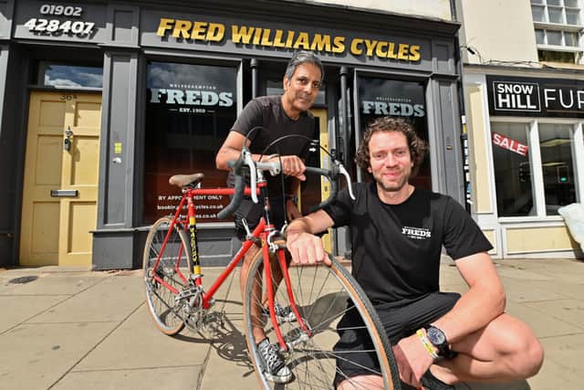 Fred Williams Cycles in Wolverhampton, now run by Jon Williams from the original family. Pictured with happy customer: Tony Ghale, and Tony’s bike that he bought from Fred Williams when he was 15. Tony has just got back into cycling and was delighted and surprised to find the bike shop still doing business, and able to help fix his bike.