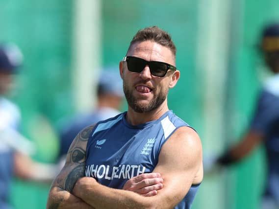 Brendon McCullum with arms crossed at England nets.