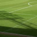 The shadow of a floodlight on the pitch