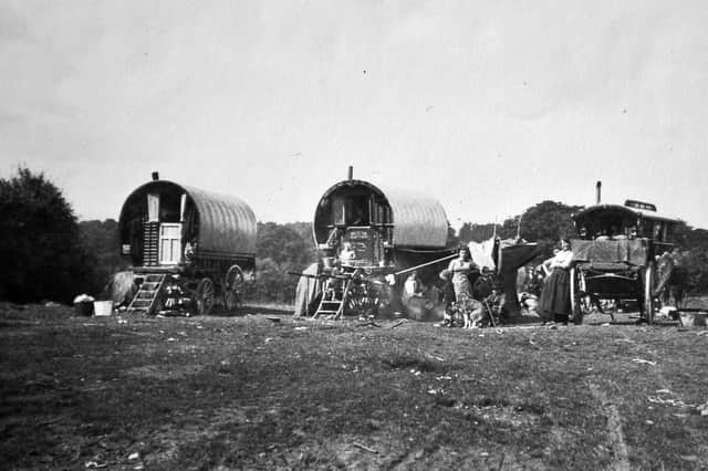 Traditional Romany caravans - these were at Merrington Green in Shropshire in May 1924.