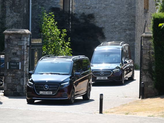 A hearse arrives at Buckfast Abbey in Buckfastleigh, Devon