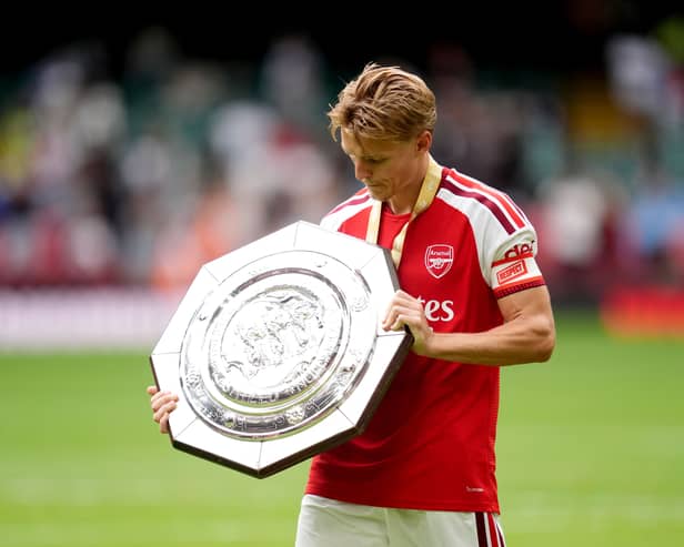 Arsenal’s Martin Odegaard holds the FA Community Shield