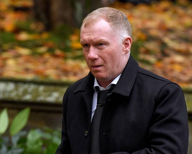 Former Manchester United player Paul Scholes leaves Manchester Cathedral following the funeral service for Sir Bobby Charlton
