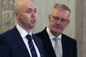 Ulster Unionist Party leader Jon Burrows (left) and Mike Nesbitt at a press conference in January