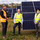 Sir David Nicholson and Councillor Bhupinder Gakhal pose with contract manager Alton Rennalls near the panels. Photo: The Royal Wolverhampton NHS Trust and Walsall Healthcare NHS Trust