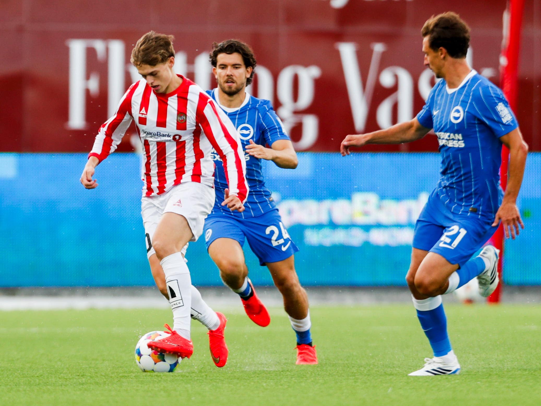 Tromso’s Troy Engseth Nyhammer (left) in action against Brighton in the first leg of the Conference League play-off