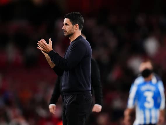 Mikel Arteta applauds the Arsenal fans after victory over Coventry
