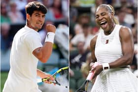 Composite image of Carlos Alcaraz, left, and Serena Williams celebrating winning points
