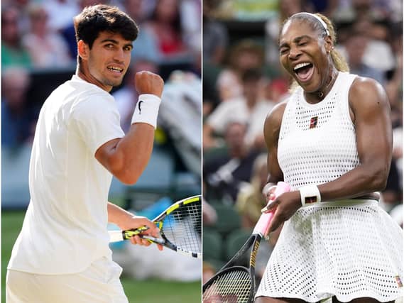 Composite image of Carlos Alcaraz, left, and Serena Williams celebrating winning points