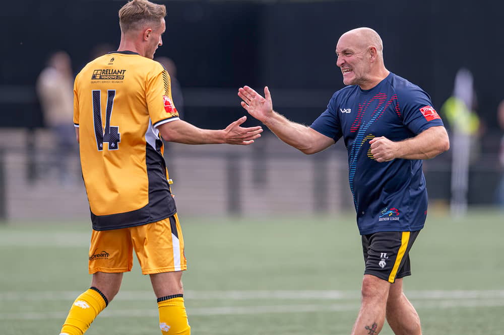 Rushall Olympic boss Ian Long (right) celebrates the win