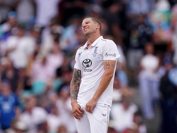 Brydon Carse reacts after bowling in the Ashes