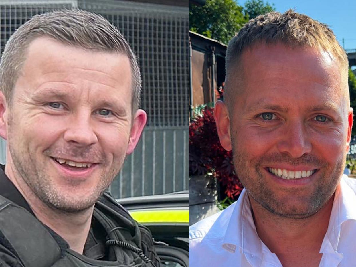 Pc Tom Clough (left) and PC Matthew Blades, who died when a car going in the wrong direction hit a police car on the A66 near Middlesbrough