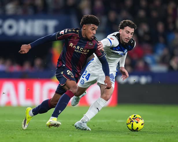 Kareem Tunde (left) in action for Levante UD (Photo by Aitor Alcalde/Getty Images)