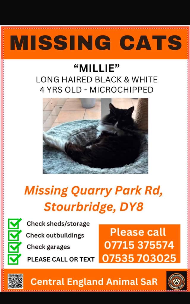 The leaflet is being distributed to ask for help finding Millie. Image: CEASaR CiC- Central England Animal Search & Rescue- Leics, Warks, Worcs