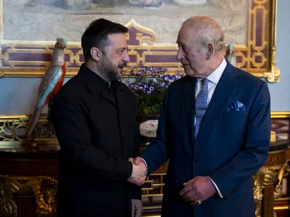 The King, right, and Ukrainian President Volodymyr Zelensky