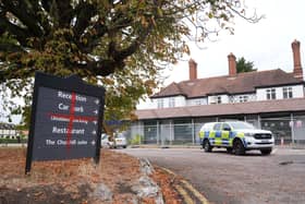 Police outside the Bell Hotel in Epping, Essex when it was used to house asylum seekers