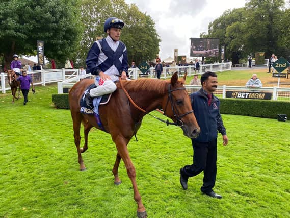 Alfred Wallace and Kieran Shoemark after winning the Solario Stakes at Sandown