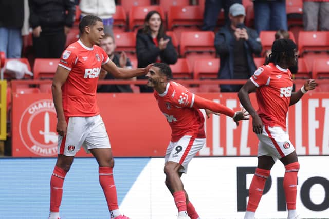 Charlton’s Karlan Grant (centre) celebrates scoring