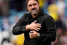 Leeds manager Daniel Farke pats his heart as he thanks the fans after the draw with Brentford