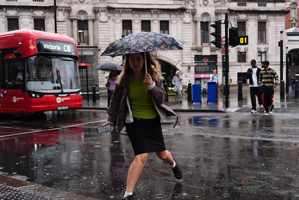 People walking in the rain near Victoria train station, London.