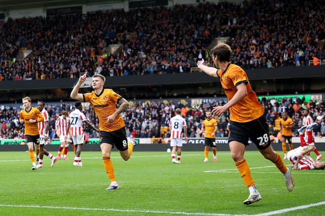 Jordan James celebrates scoring his first Wolves goal (Photo by Brett Patzke - WWFC/Wolves via Getty Images)