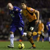 George Friend in action on a Wolves trip to Blues of many years past, up against Lee Carsley