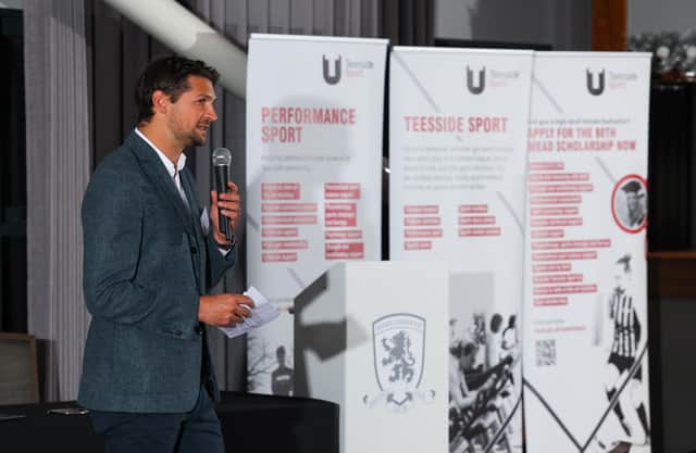 George Friend speaking at Teesside University, where he has started a scholarship programme for aspiring footballers