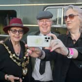 Train driver: Bob Dunn has a pic with Bewdley Mayor: Sharon Harvey and Worcestershire Poet Laureate: Jay Rose Ana.