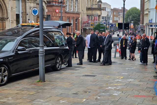 Phil Parkes' coffin arrives outside St Peter's Collegiate Church, Wolverhampton