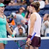 Karolina Muchova, of the Czech Republic, right, greets Katie Boulter, of Britain,