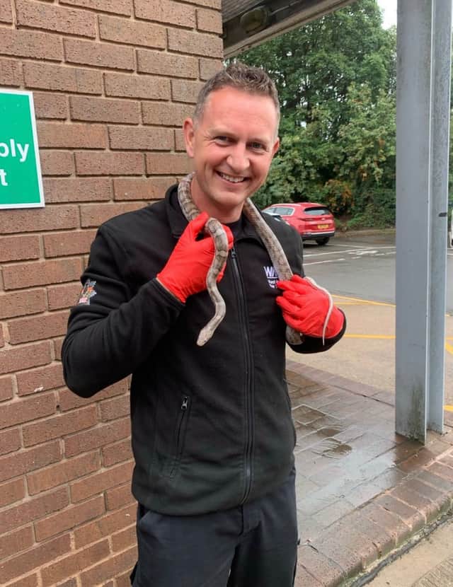 Members of Red Watch came to the reptile's rescue and used specialist ring-cutting equipment to carefully free it