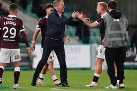 Hearts boss Wouter Vrancken celebrates