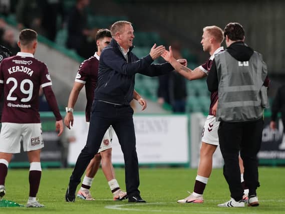 Hearts boss Wouter Vrancken celebrates