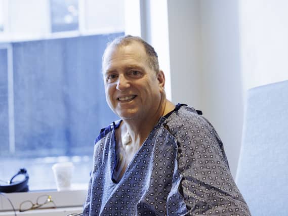 Tim Andrews in his room at Massachusetts General Hospital on January 29, 2025, four days after his genetically edited pig kidney transplant