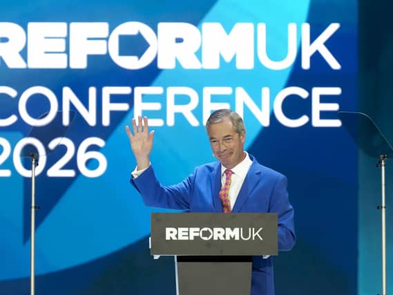 Nigel Farage on stage at the 2026 Reform party conference