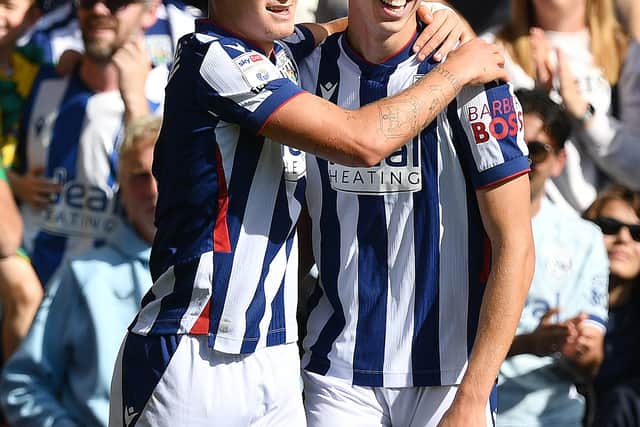 Match-winner Jimmy-Jay Morgan, left, celebrates with impressive Harry Whitwell who made the goal.
Tim Thursfield/Iconic Media Group