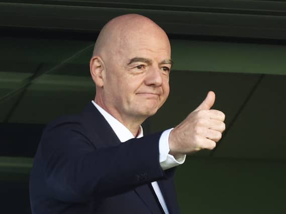 Gianni Infantino gives a thumbs up after arriving for the Women's Under-20 World Cup
